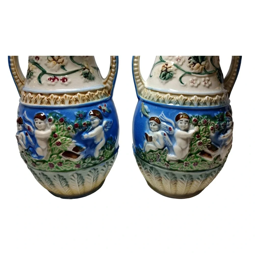Vintage Japanese Majolica Porcelain Vase Cherubs 7.25 in Hand Painted Lot of Two